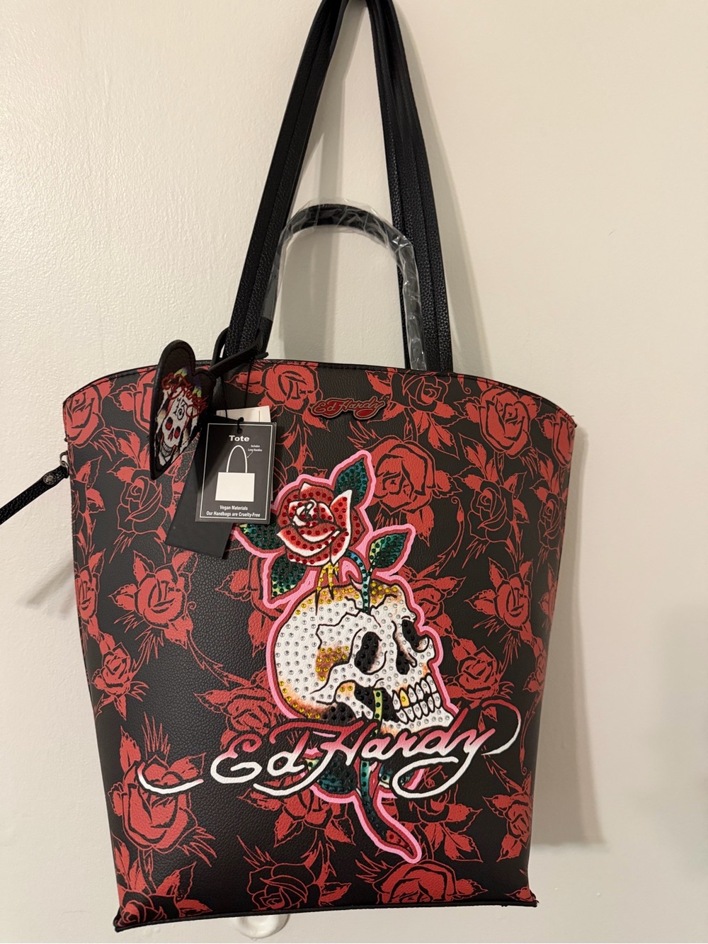 Ed Hardy Black and Red Rose Skull Tote